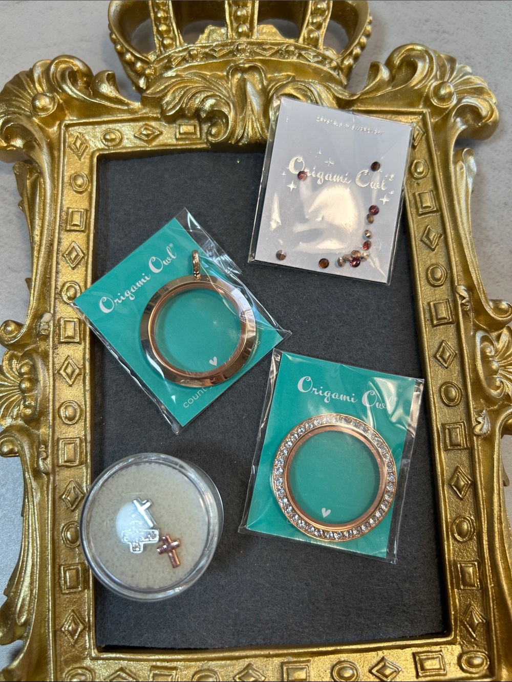 Bundle of Origami Owl Rose Gold Large Locket with Crystal Accent and Charms